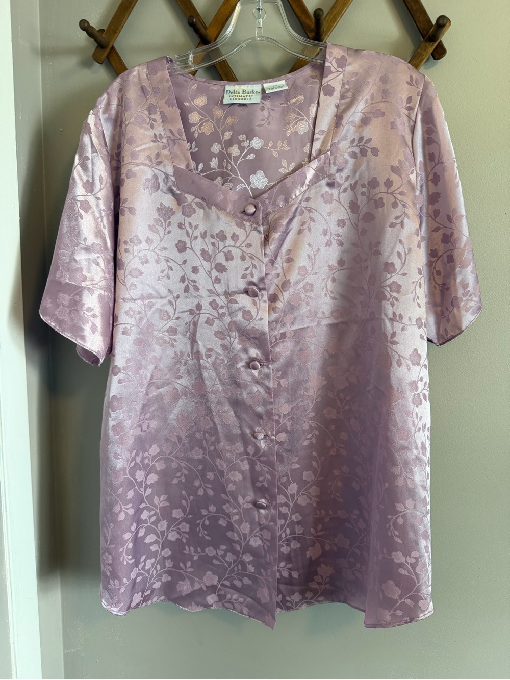 Vintage Delta Burke Satin Jacquard Floral Pajama Top Nightshirt Lavender 1X